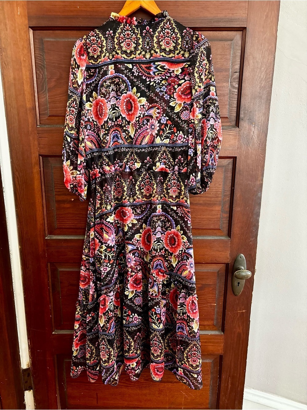 Misa Los Angeles Black Paisley Floral Midi Dress with Pink Accents - Picture 3 of 9